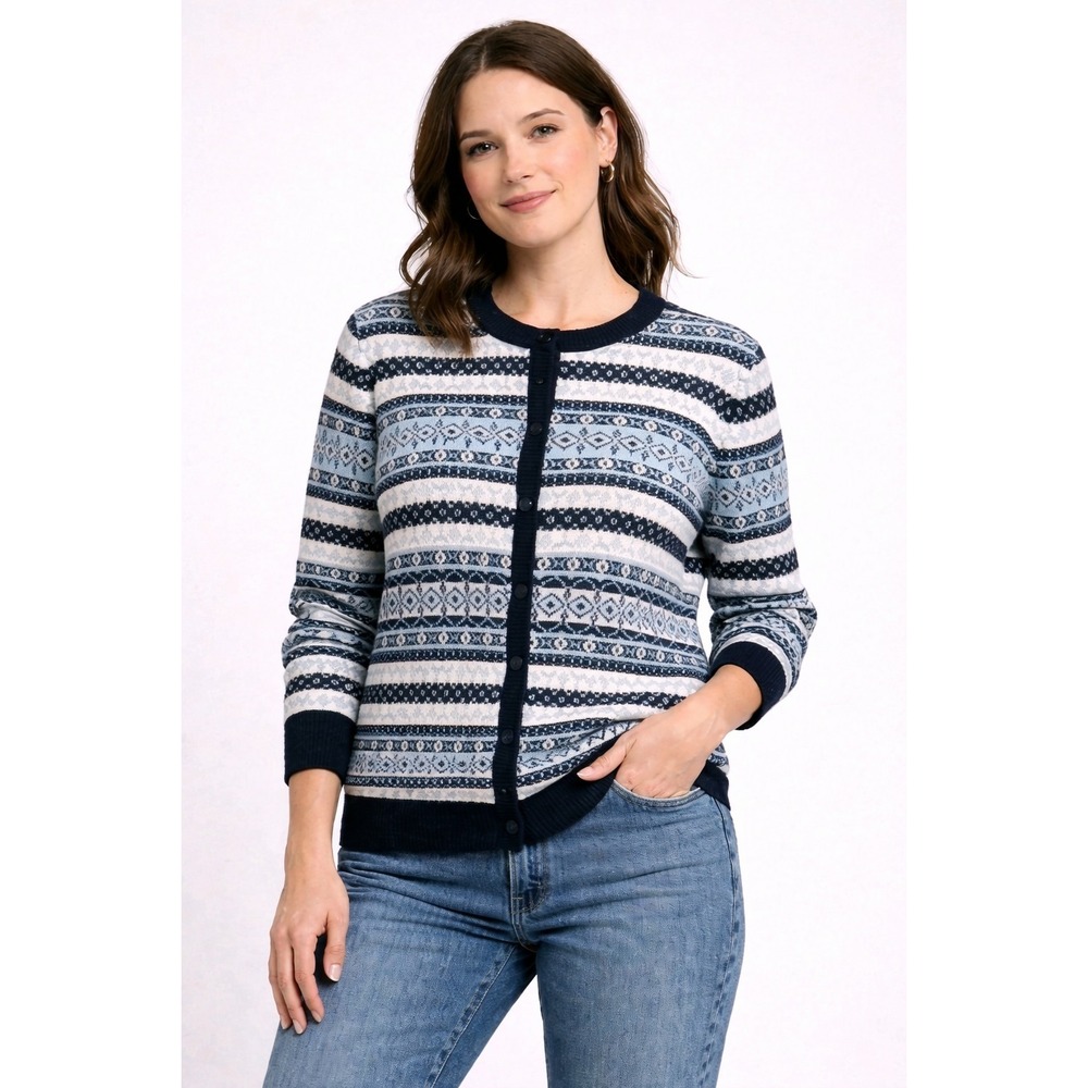 Croft & Barrow Fair Isle Knit Cardigan Sweater Women's Medium Blue‎ White